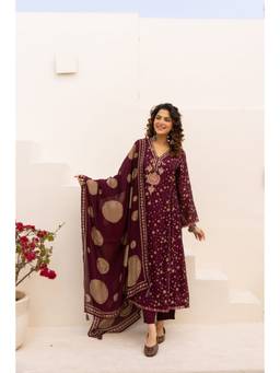 Nehamta - Women Maroon Chanderi Geometric Kurta with Pant and Dupatta