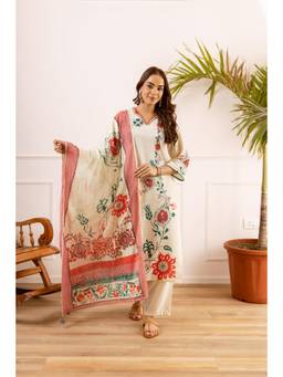 Nehamta - Women White Linen Floral Kurta with Pant and Dupatta