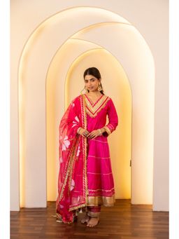 CHHAAP TILAK - Women Pink Silk Floral Anarkali Kurta with Pant and Dupatta