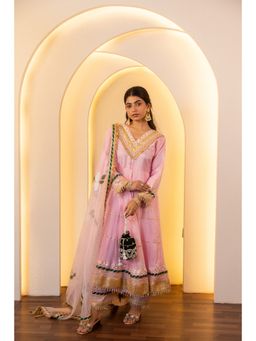 CHHAAP TILAK - Women Pink Silk Floral Anarkali Kurta with Pant and Dupatta