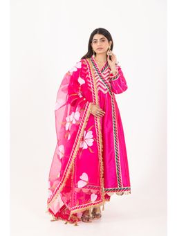 CHHAAP TILAK - Women Pink Silk Floral Angrakha Kurta with Pant and Dupatta
