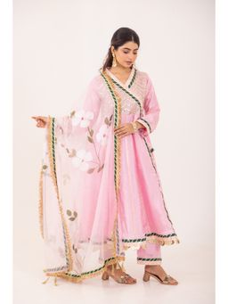 CHHAAP TILAK - Women Pink Silk Floral Angrakha Kurta with Pant and Dupatta