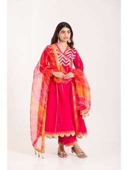 CHHAAP TILAK - Women Red Silk Stripes Angrakha Kurta with Pant and Dupatta