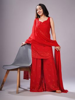 Colorkosh - Women Red Georgette Embroidered Top with Sharara and Dupatta