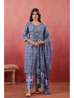 SAVI - Women Blue Cotton Abstract Kurta with Pant and Dupatta