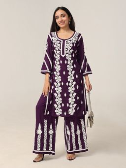Colorkosh - Women Purple Viscose Rayon Embroidered Kurta with Palazzo