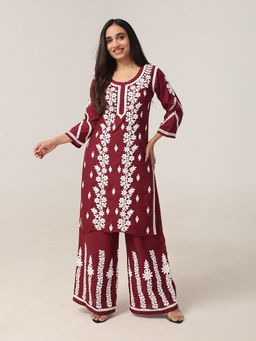 Colorkosh - Women Maroon Viscose Rayon Embroidered Kurta with Palazzo