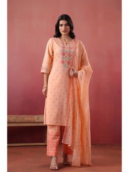 SAVI - Women Peach Cotton Embroidered Kurta with Pant and Dupatta