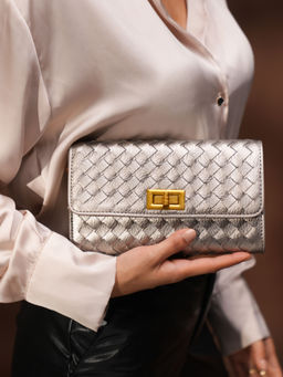 Inc.5 - Womens Grey Woven Twist Lock Clutch with Detachable Strap