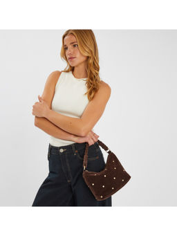 Accessorize London - Women Chocolate Brown Stud Faux Suede Handheld Bag