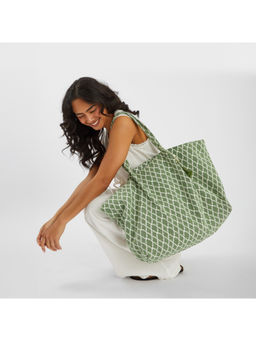Accessorize London - Women Green Geometric Print Tote Bag with Detachable Strap