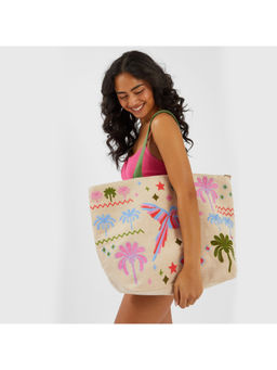 Accessorize London - Women Beige Tropical Embroidered Beach Tote Bag