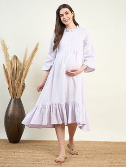 The Kaftan Company - Women Lavender Solid Ruffled Neck Three Fourth Sleeves Maternity Dress