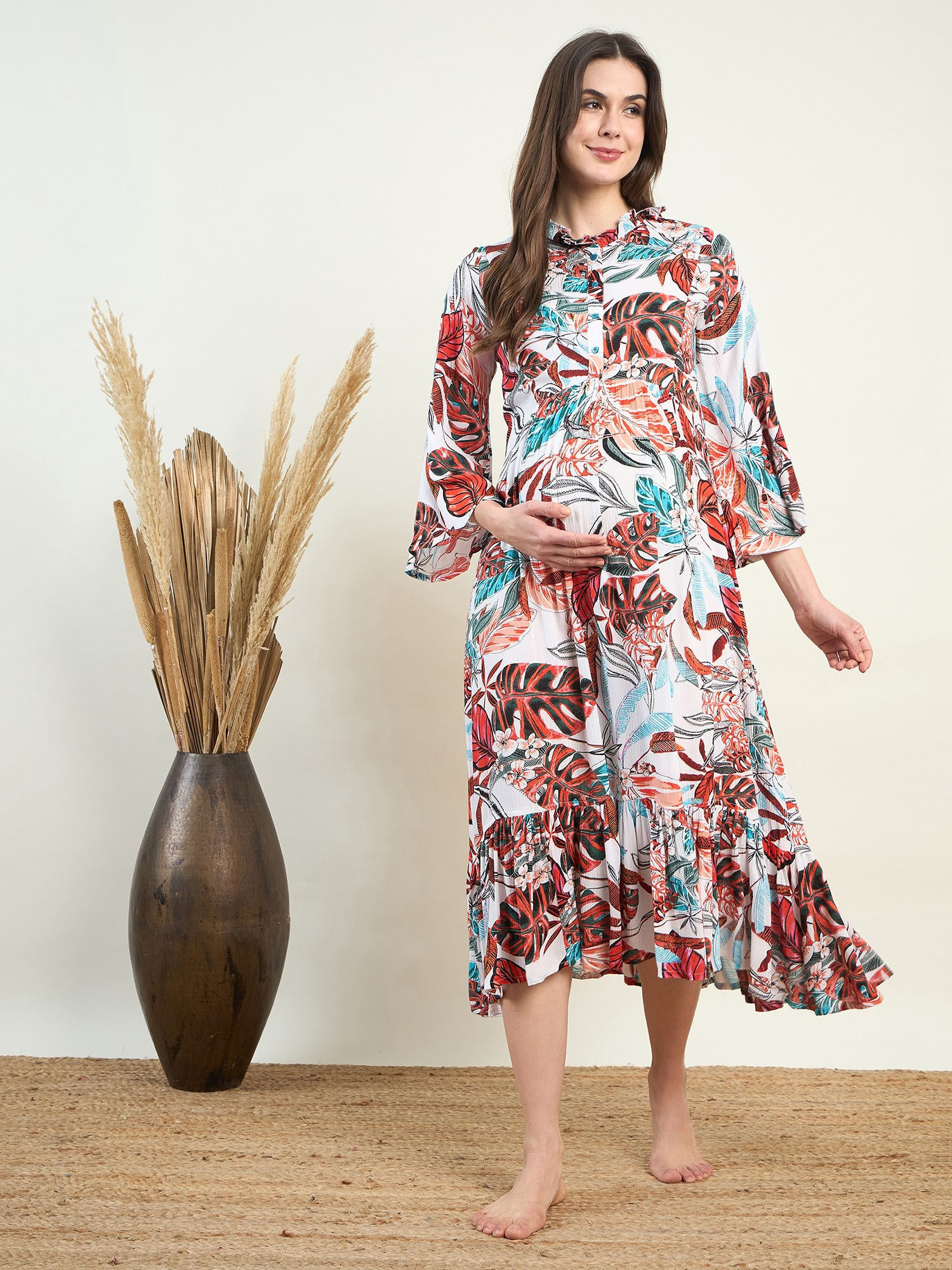 Women White Floral Ruffled Neck Three Fourth Sleeves Maternity Dress-picture-22