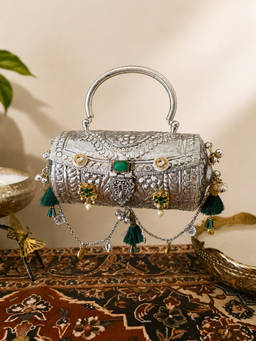 Adwita - Drum Style Kundan Clutches Bag With Top Handle