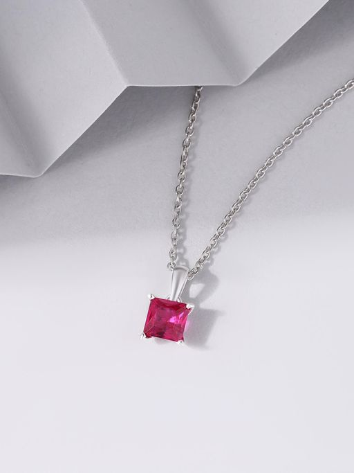 Ornate Jewels 925 Silver Square Red Ruby Solitaire Pendant With Chain for Women and Girls (One Size)