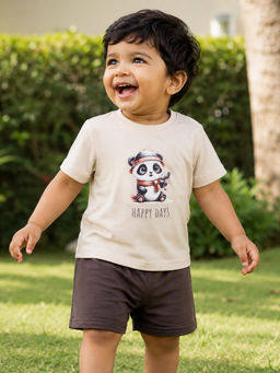 Bontots - Beige Kids Unisex Lyocell Cotton T-Shirt With Shorts