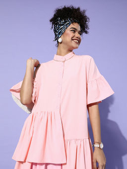 IKI CHIC - Pink Shirred Frill Loose A- line Short Dress