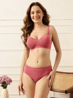 Clovia - Pink Textured Print Padded Non-Wired Full Coverage Multiway T-shirt Bra & Panty