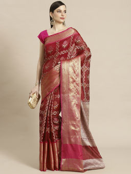 Banarasi Silk Works - Maroon & Pink Kanchi Pattu Border Saree with Unstitched Blouse