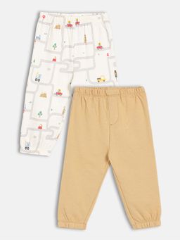 MINI KLUB - Cotton Car Printed and Solid Knit Joggers (Pack of 2)
