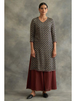 Folksong - Black Ajrakh Print Lustrous Satin Kurta