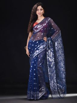 Beatitude - Blue Cotton Silk Woven Jacquard Jamdani Saree with Unstitched Blouse