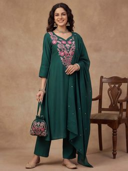 Lush Glam - Green Thread Work Festive Kurta Pant with Dupatta