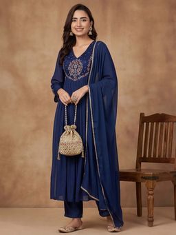 Lush Glam - Navy Blue Embellished Sequined Festive Anarkali Kurta Pant with Dupatta
