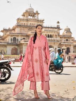 Yufta - Pink Beads and Stones Festive Kurta Pant with Dupatta