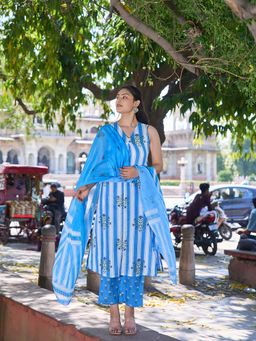 Yufta - Blue Stripes Festive Kurta Pant with Dupatta