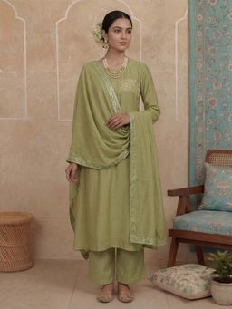 Yufta - Green Embellished Sequined Festive Kurta Pant with Dupatta