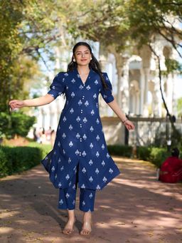 Yufta - Navy Blue Printed Festive Kurta Pant