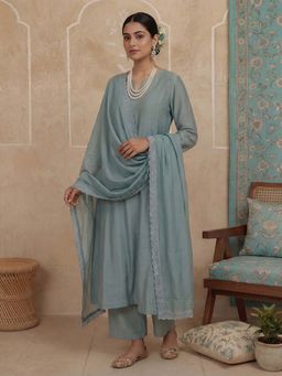 Yufta - Turquoise Plain Festive Kurta Pant with Dupatta