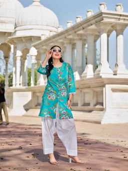 Yufta - Teal Printed Festive Kurta Pant