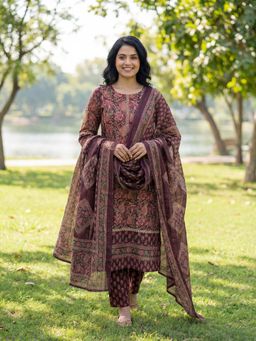 Yufta - Burgundy Lace Work Festive Kurta Pant with Dupatta