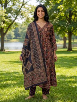 Yufta - Navy Blue Printed Festive Kurta Pant with Dupatta