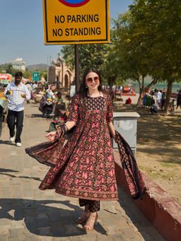 Yufta - Black Printed Festive Anarkali Pant with Dupatta