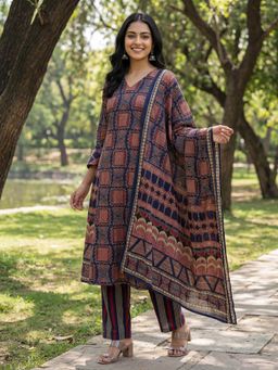 Yufta - Navy Blue Printed Festive Kurta Pant with Dupatta