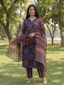 Yufta - Navy Blue Printed Festive Kurta Pant with Dupatta