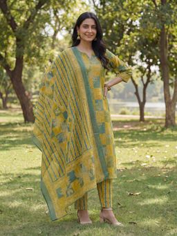 Yufta - Mustard Printed Festive Kurta Pant with Dupatta