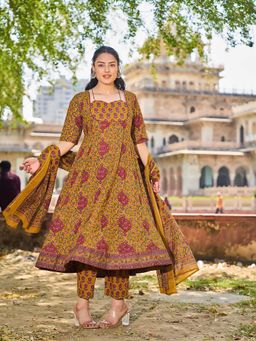 Yufta - Mustard Printed Festive Anarkali Pant with Dupatta