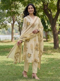 Yufta - Yellow Printed Festive Kurta Pant with Dupatta