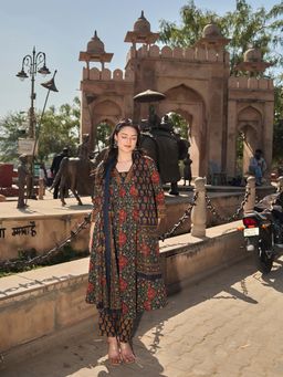 Yufta - Navy Blue Printed Festive Anarkali Pant with Dupatta