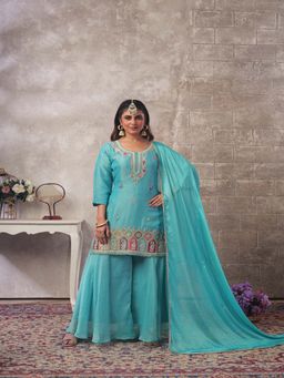 BC Balaji Creation - Blue Embellished Sequined Festive Kurta Sharara