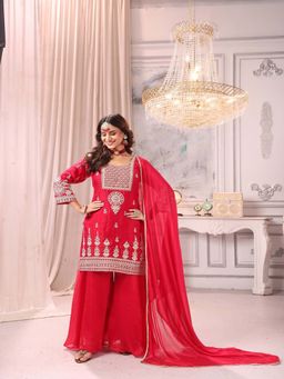 BC Balaji Creation - Red Mirror Work Festive Palazzo Set with Dupatta