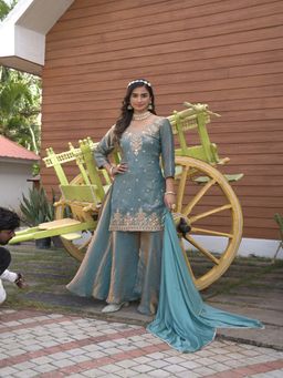 BC Balaji Creation - Blue Embellished Sequined Festive Kurta Sharara