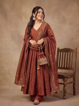 Lush Glam - Brown Embellished Sequined Festive Anarkali Kurta Pant with Dupatta