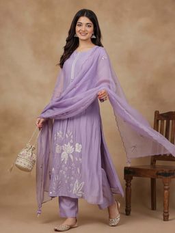 Lush Glam - Lavender Embroidered Festive Kurta Pant with Dupatta