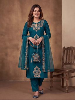 Lush Glam - Teal Embroidered Festive Kurta Pant with Dupatta